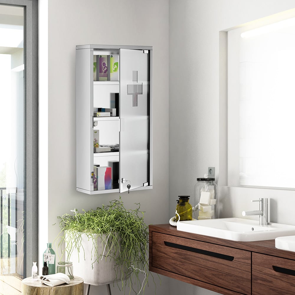 HOMCOM White Frosted Glass Mirror Bathroom Cabinet Image 7