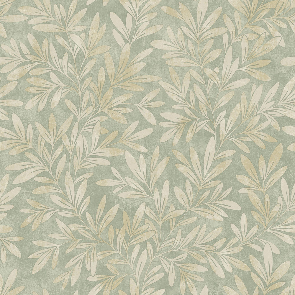 Grandeco Distressed Leaf Willow Trail Textured Sage Wallpaper Image 1
