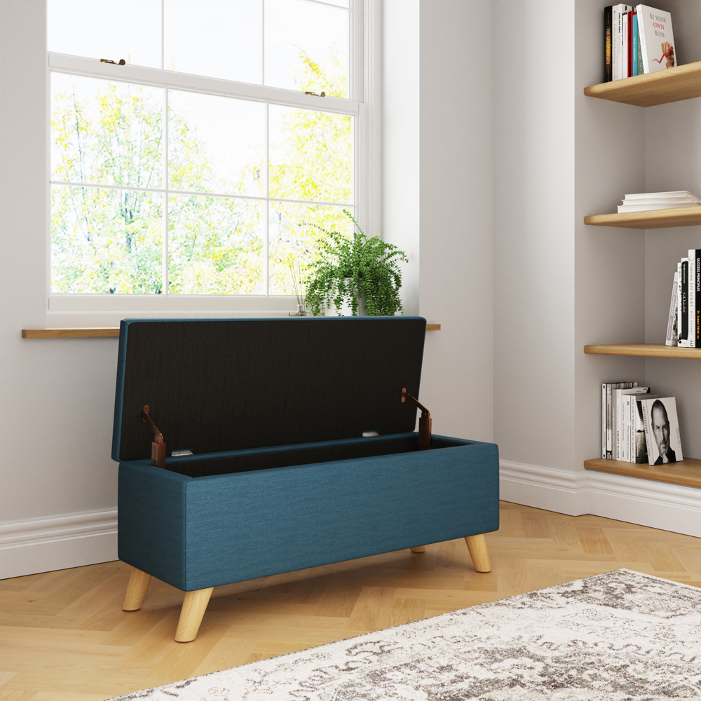 GFW Secreto Teal Blue Hopsack Fabric Ottoman Storage Bench Image 8