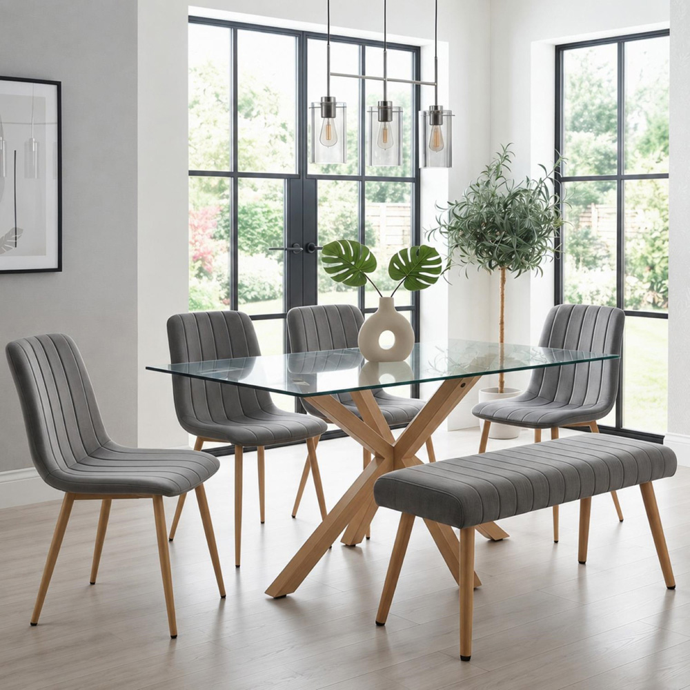 Kosy Koala 6 Seater Tempered Glass Velvet Dining Bench Set Grey Image 2