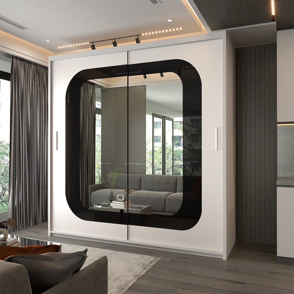 Sliding Wardrobes 4U Chelsea 2 Door White and Black Central Curved Mirrored Wardrobe 150cm Image 3