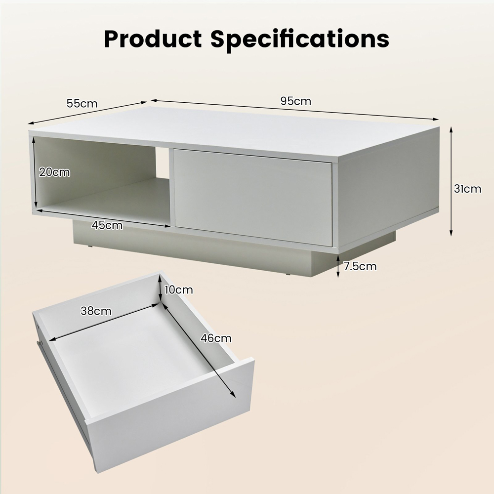 Costway Single Drawer Single Shelf White Coffee Table with RGB Light Image 9