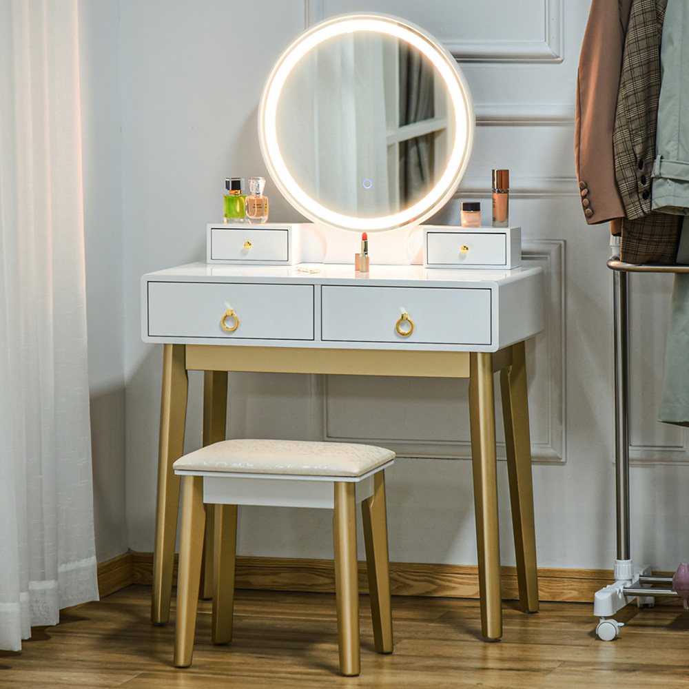 HOMCOM 4 Drawer White LED Mirror Dressing Table Set with Stool Image 1