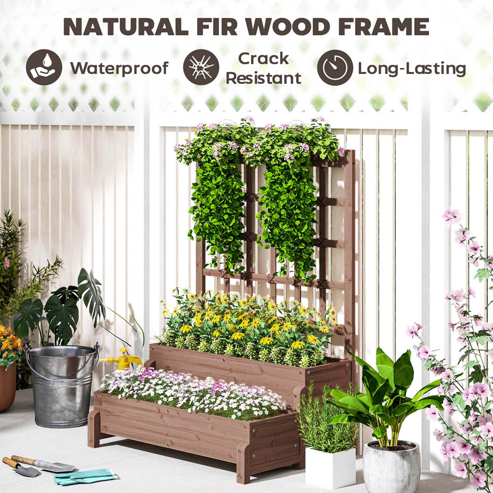 Outsunny 2 Tier Brown Wooden Raised Bed with Trellis Image 7