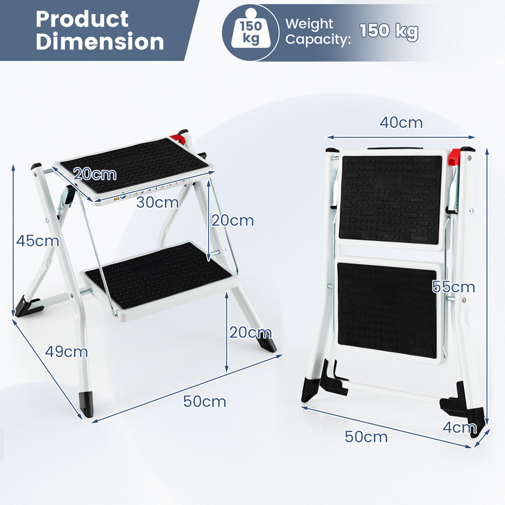 Costway 2 Step White Anti Slip Folding Ladder Image 9