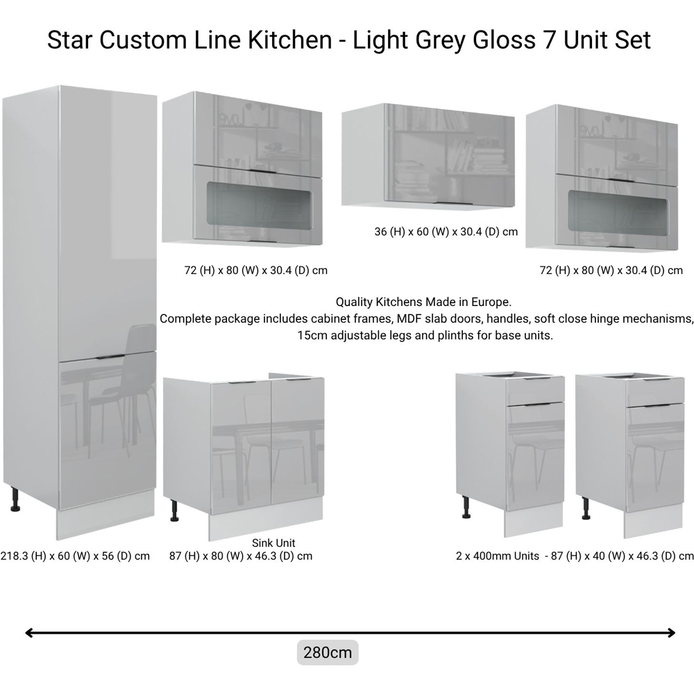 Impact Furniture Star Light Grey Gloss Star Kitchen Cabinet Set of 7 Image 4