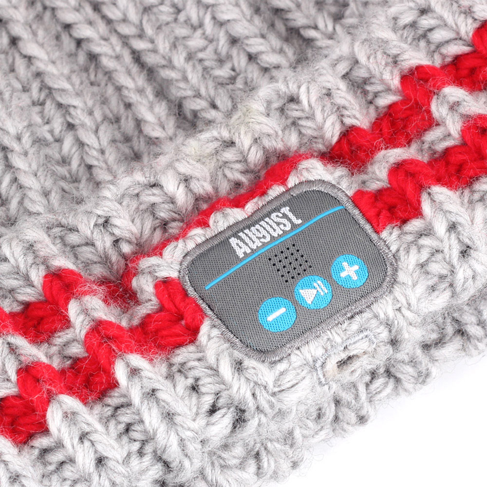 August EPA30C Red and Grey Bobble Beanie Hat with Rechargeable Bluetooth Headphones and Mic Image 4