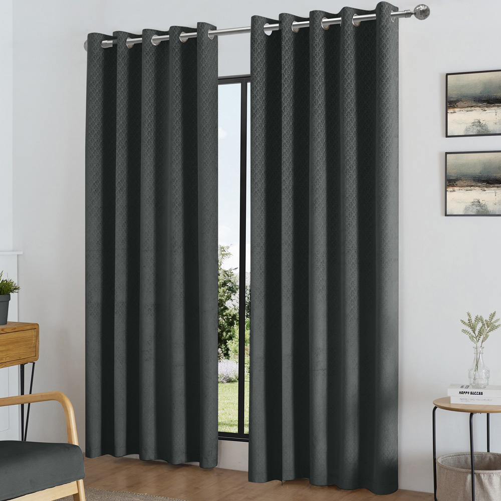 Alan Symonds Temple Charcoal Velvet Blackout Ring Top Eyelet Curtains 229 x 229cm Image 1