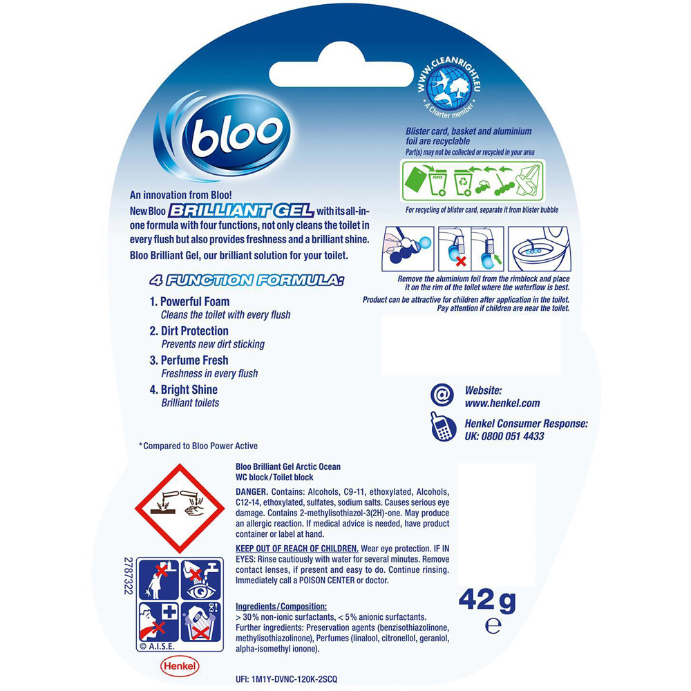 Bloo Brilliant Gel All in One Cleaner Arctic Ocean Toilet Rim Block 42g 7 Pack Image 3