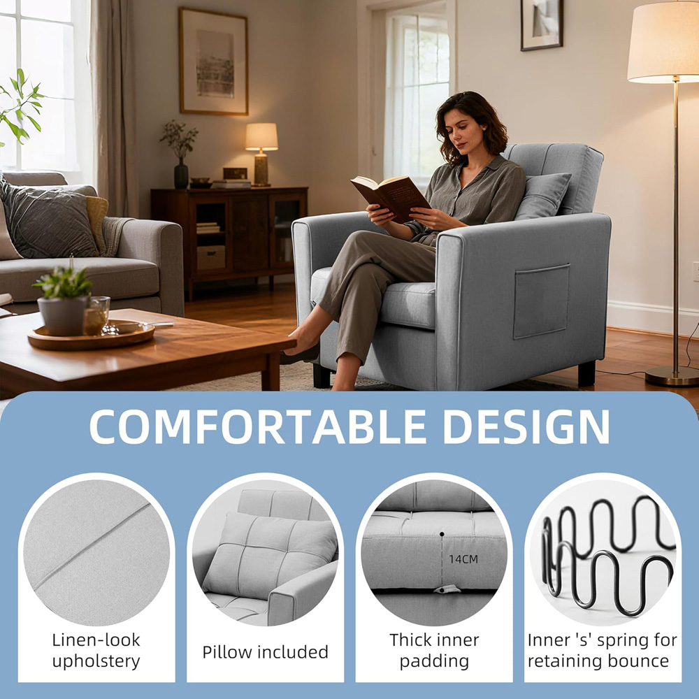 Alivio Singel Seater 3-in-1 Light Grey Convertible Sofa Bed Chair Image 7