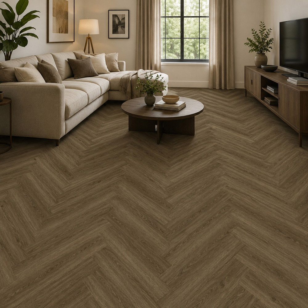 Britwall Chestnut Oak Herringbone Wood-Embossed SPC Vinyl Flooring 625 x 125mm 20 Pack Image 1