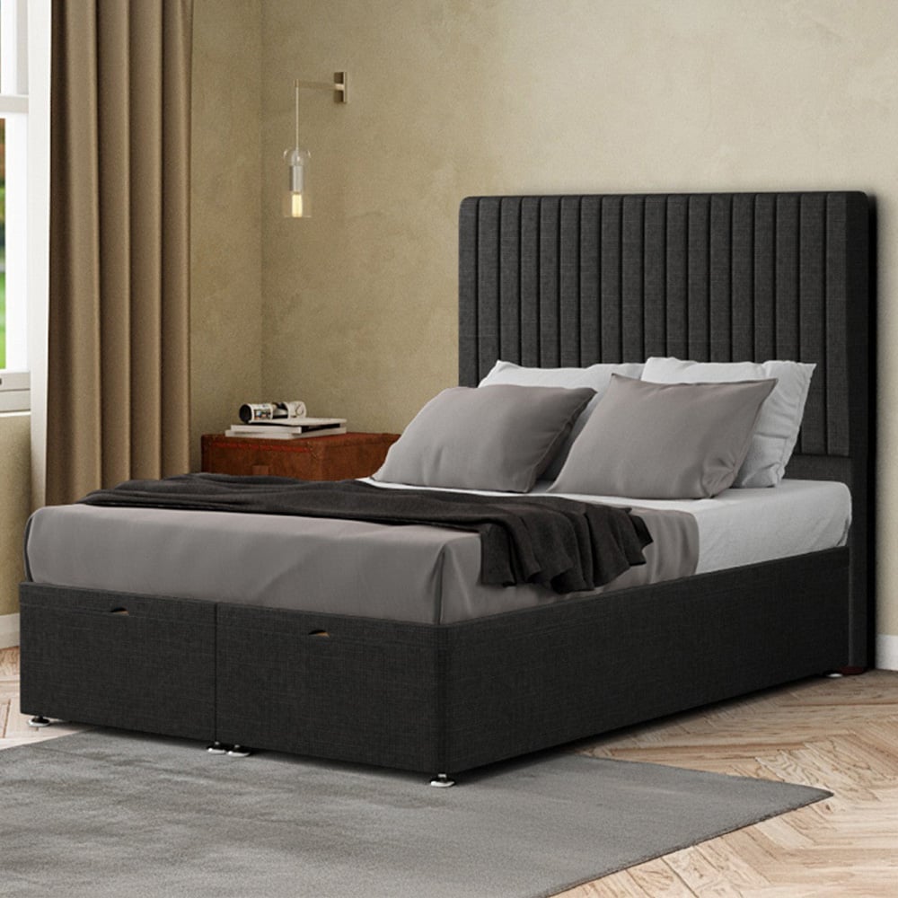 Eleganza Maryland Single Black Linen Ottoman Bed with Floor Standing Headboard Image 1