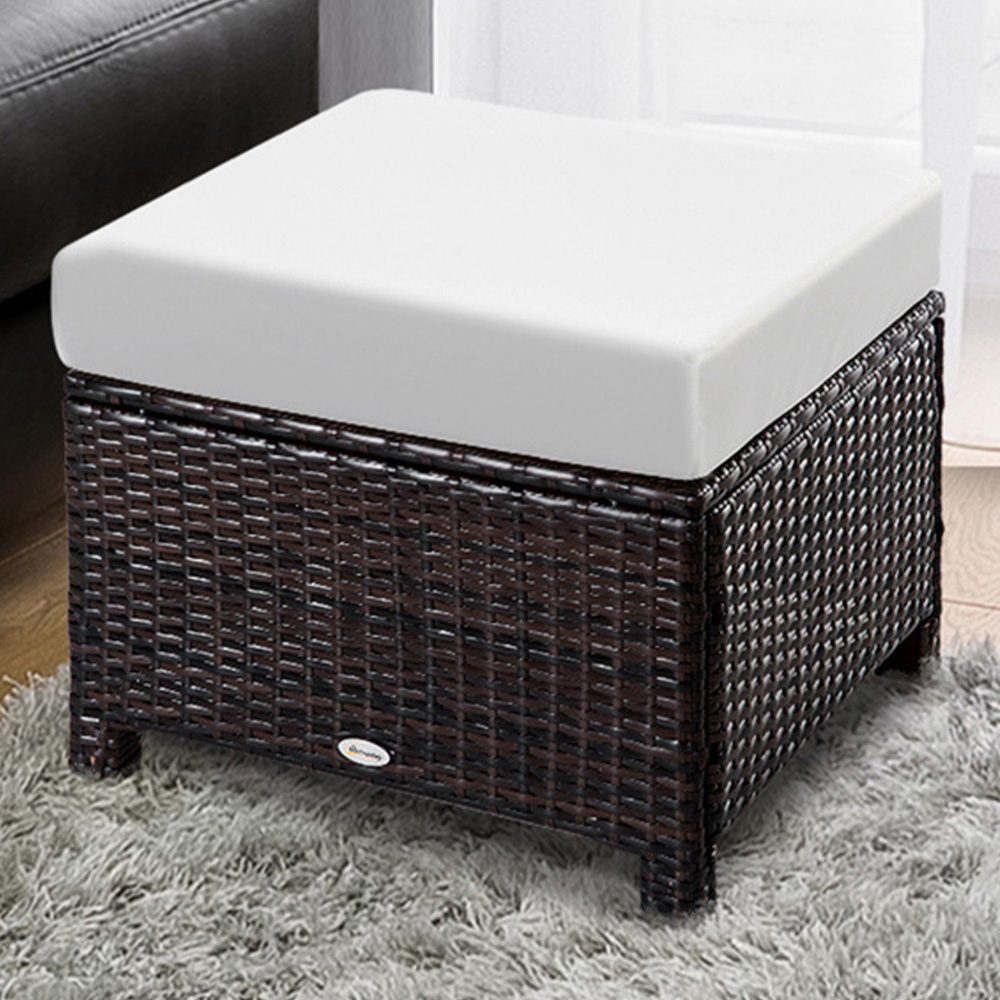 Outsunny Brown PE Rattan Footstool with Padded Seat Image 1