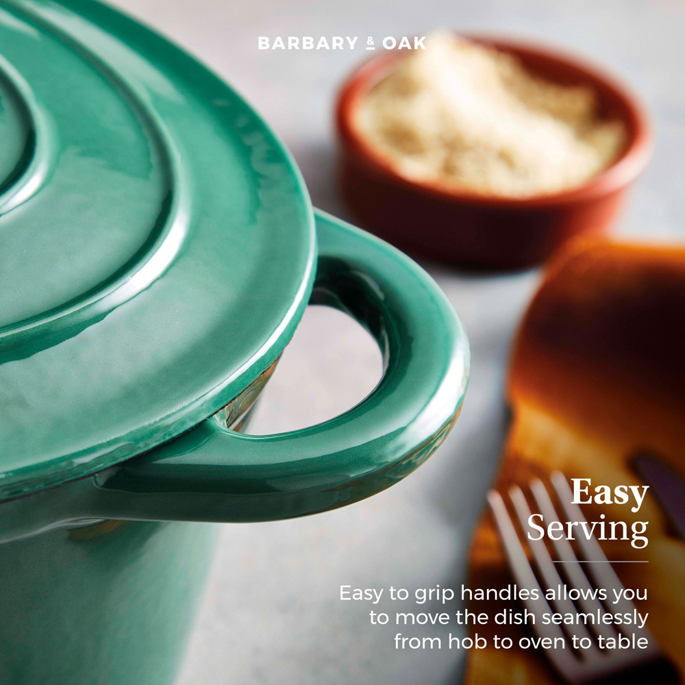Barbary & Oak 29cm Verdigris Green Cast Iron Oval Casserole Dish with Domed Lid Image 7