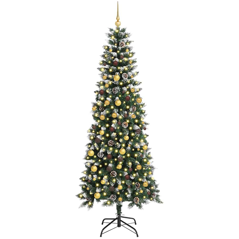 vidaXL Pre-Lit Gold and Bronze Baubles Green Artificial Snow Tipped Christmas Tree 7ft Image 1