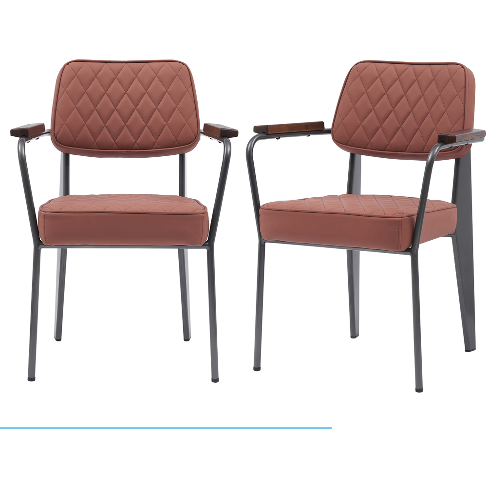 MMT Furniture Designs Set of 2 Tan Vintage Diamond Stitch Dining Chair with Wooden Armrests Image 2
