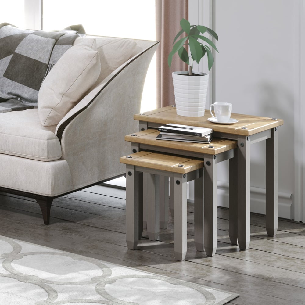 Corona Grey Washed Wax Nest of Tables Set of 3 Image 5