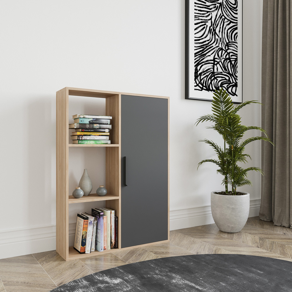 Decorotika Patrick Single Door 3 Shelf Oak and Anthracite Bookcase Image 3