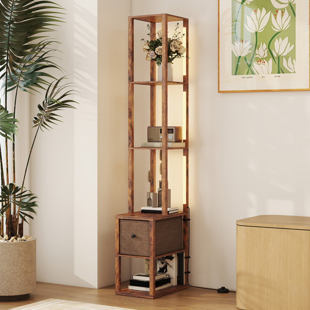 HOMCOM Single Drawer 4 Shelf Rustic Brown LED Floor Lamp Image 4