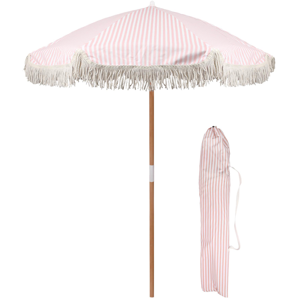 Harbour Housewares Pastel Pink Stripe Wooden Garden Parasol with Tassel Fringe 1.4m Image 3