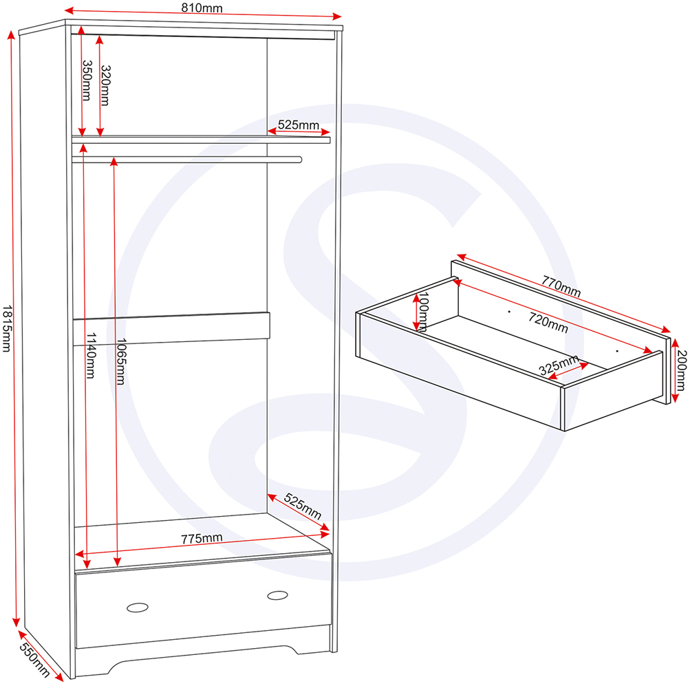 Seconique Carlton 2 Door Single Drawer Medium Oak Effect Wardrobe Image 8