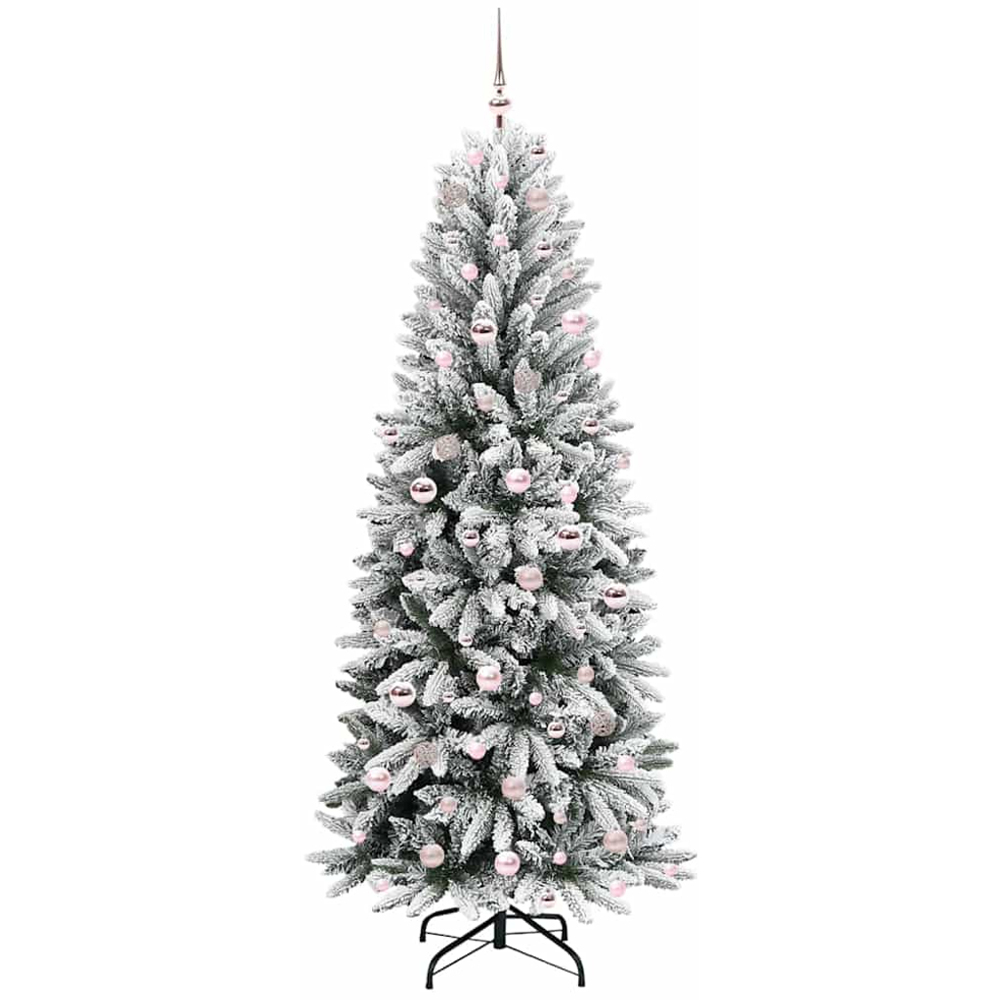 vidaXL Pre-Lit Pink Baubles Artificial Snow Flocked Christmas Tree 7ft Image 4