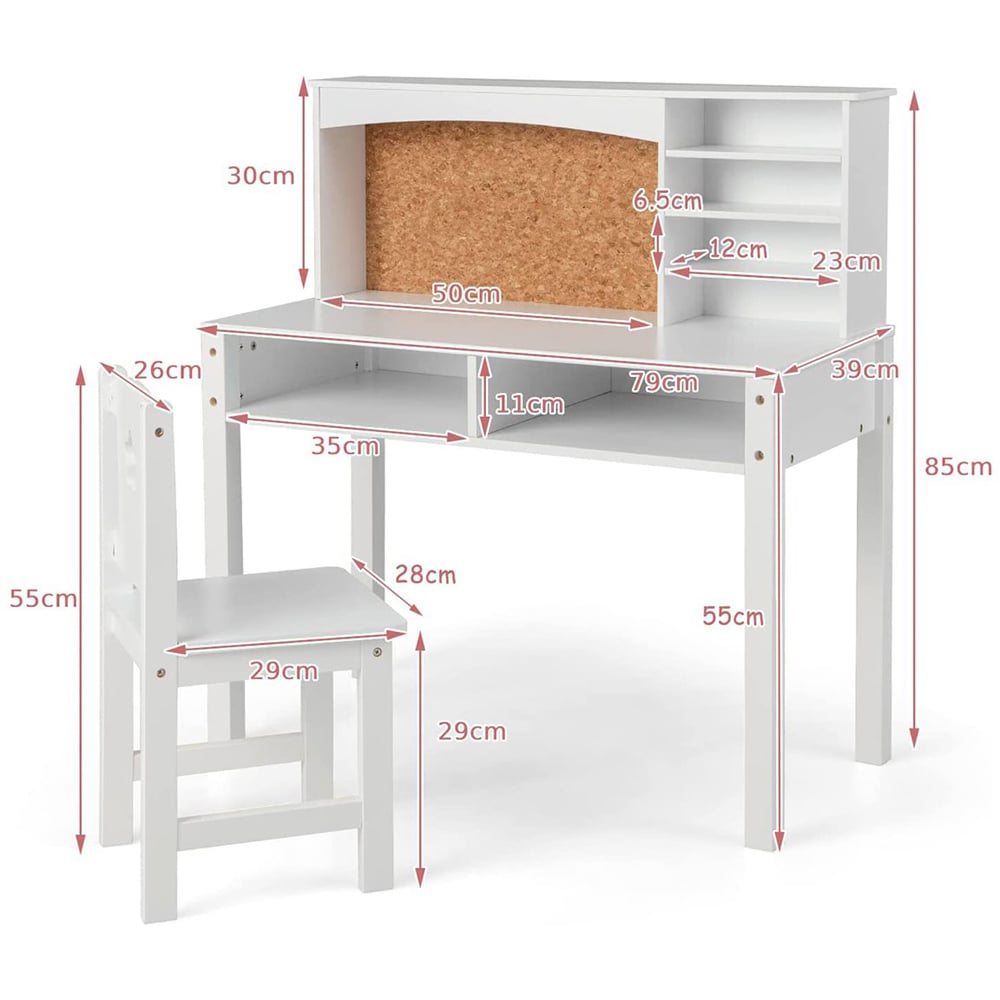 Costway Kids Desk and Chair Set with Hutch White Image 9