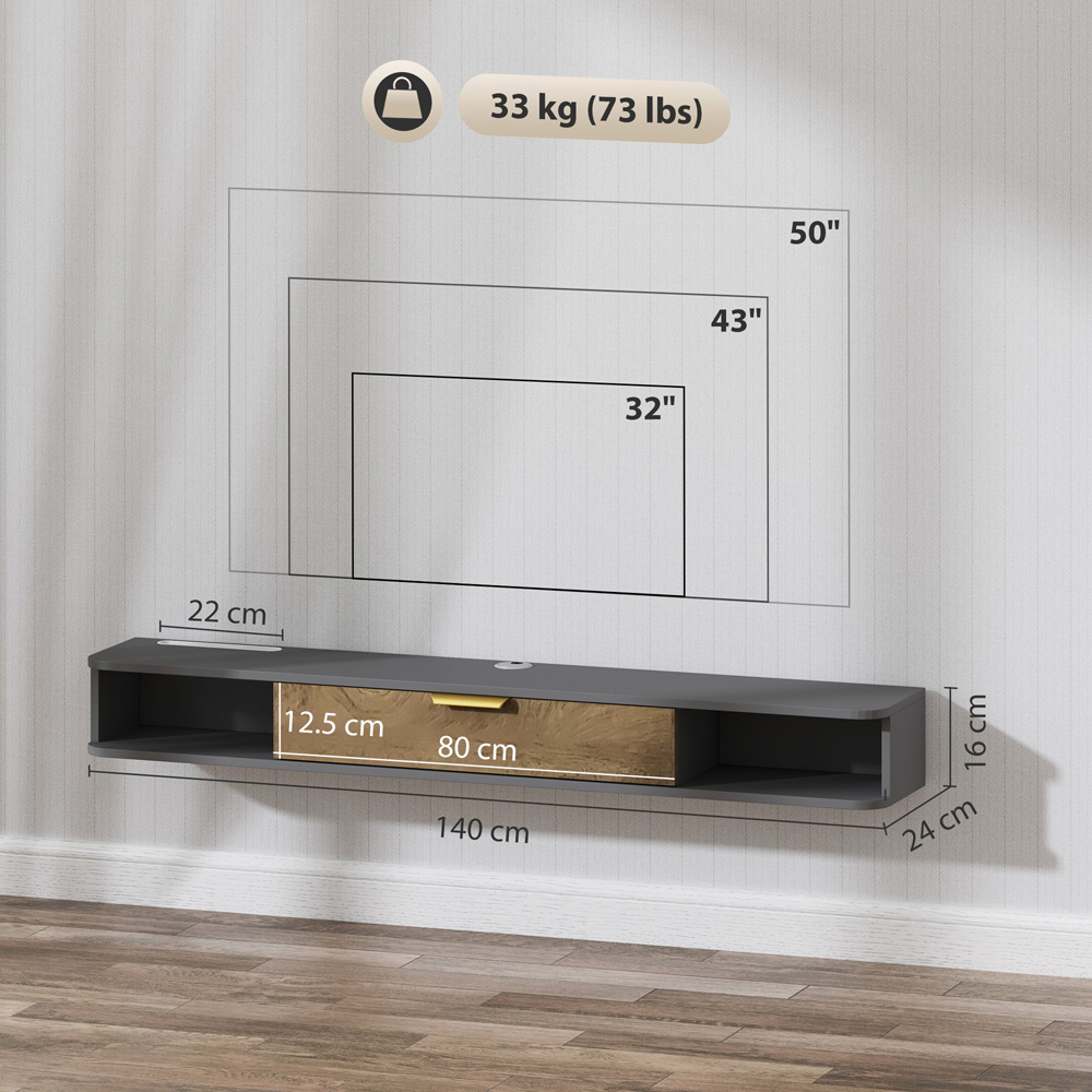 HOMCOM 2 Compartment Grey Floating TV Unit 140cm Image 9