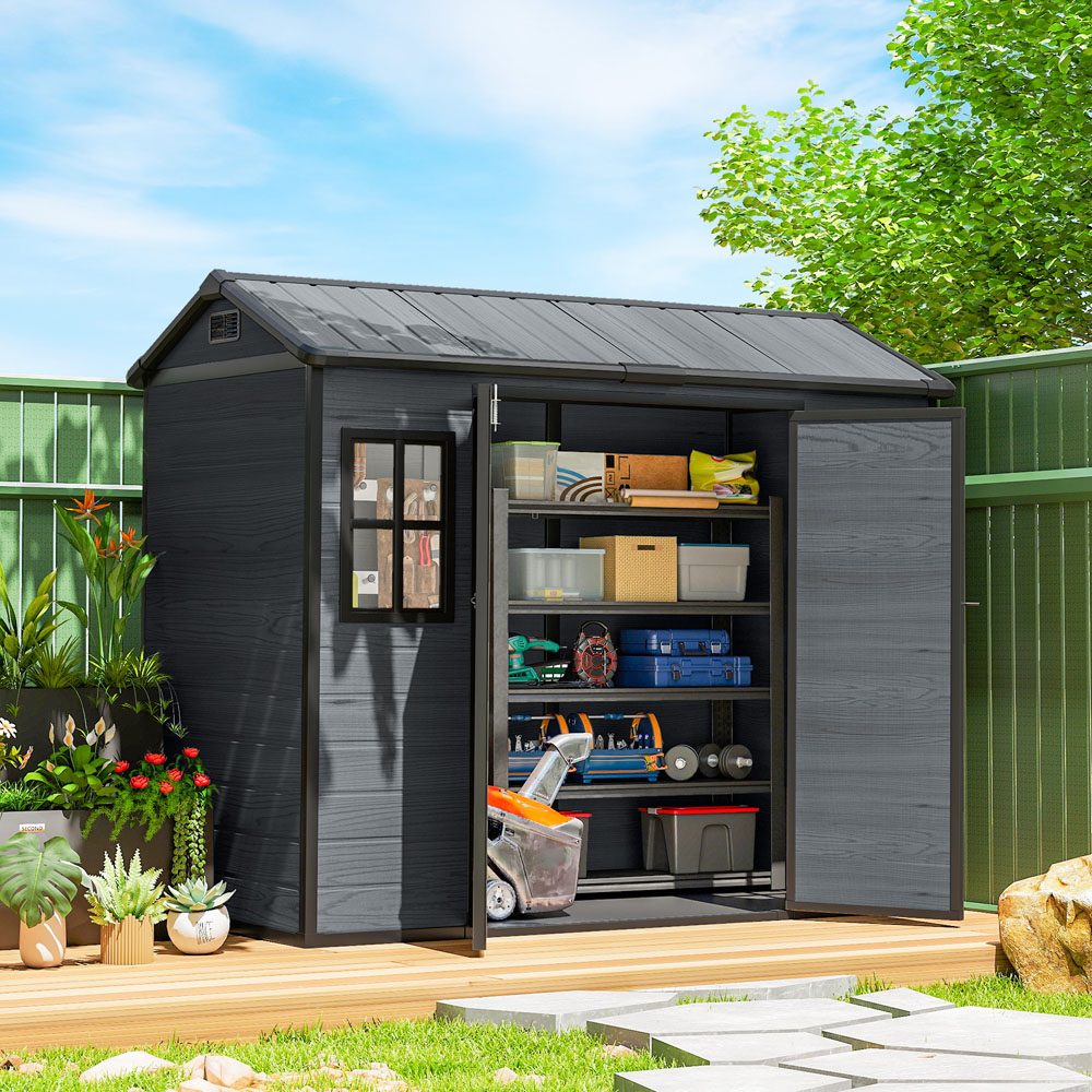 Outsunny 8 x 4ft Dark Grey Apex Garden Shed with Built-In Floor Image 2