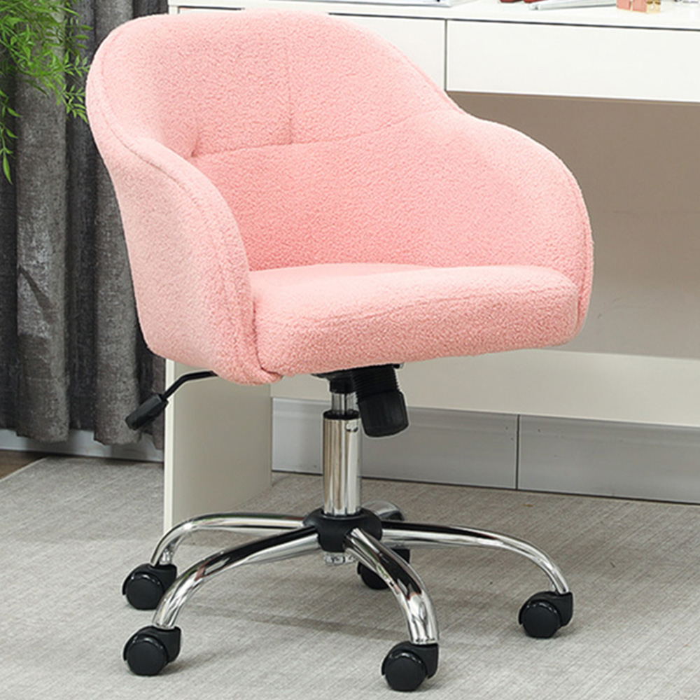 HOMCOM Fluffy Pink Height Adjustable Vanity Chair with Wheels Image 1