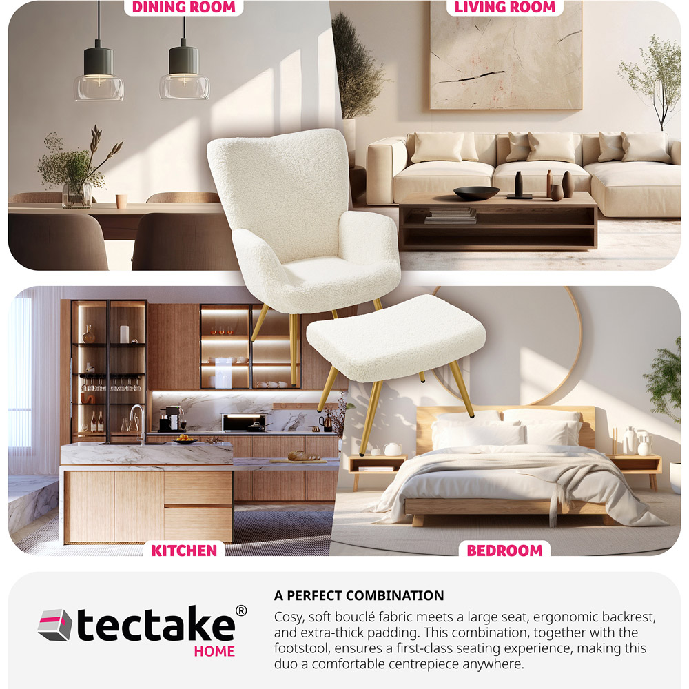 tectake Hygge Cream and Gold Boucle Armchair with Stool Image 7
