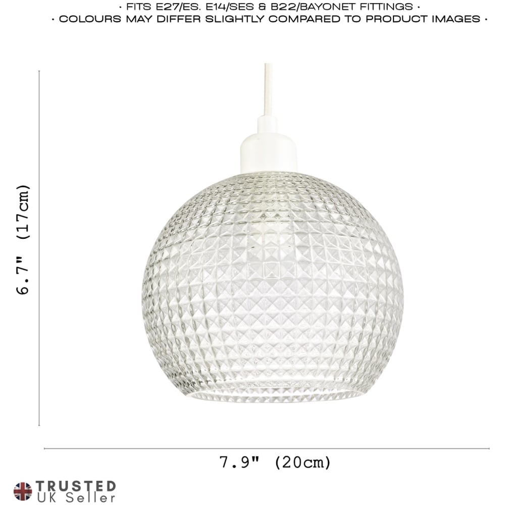 Happy Homewares Spherical Clear Glass Square Diamond Ridges Pendant Shade Image 7