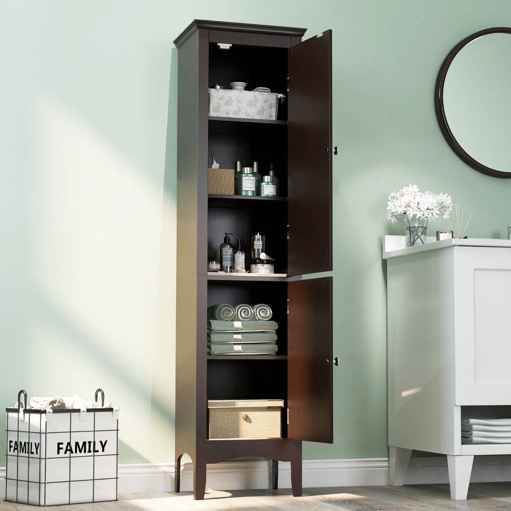 Costway 2 Door Dark Brown Tall Narrow Bathroom Cabinet Image 4