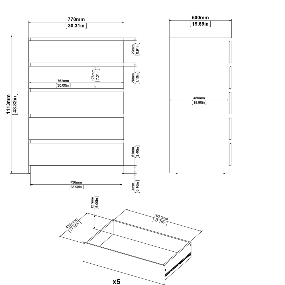 Florence 5 Drawer Concrete and White High Gloss Chest of Drawers Image 9