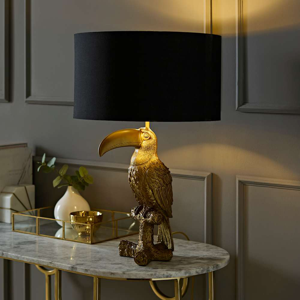 ValueLights Tuki Toucan Gold and Black Velvet Shade Brushed Bronze Table Lamp with Bulb Image 2