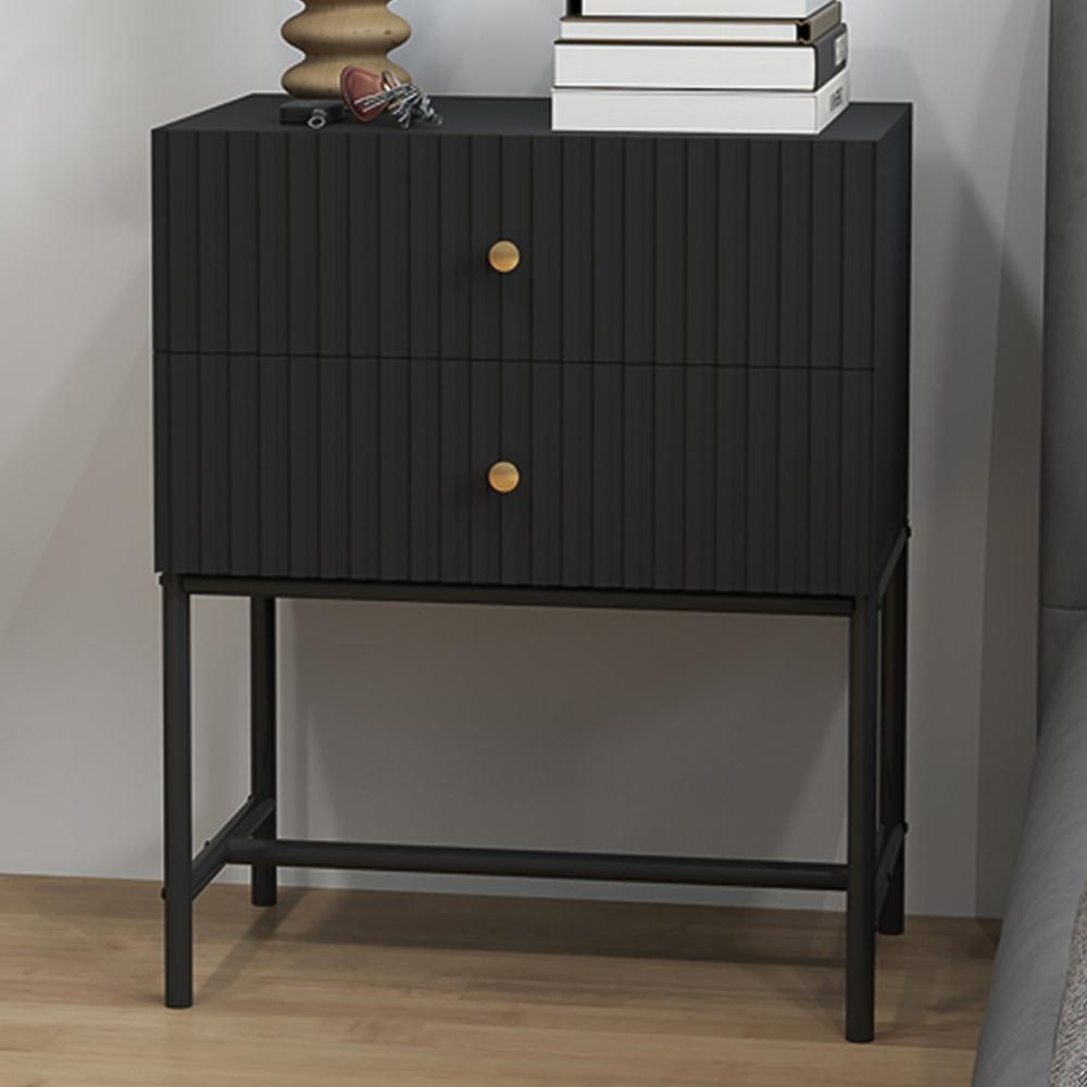 Portland 2 Drawer Black Modern Bedside Table Image 1