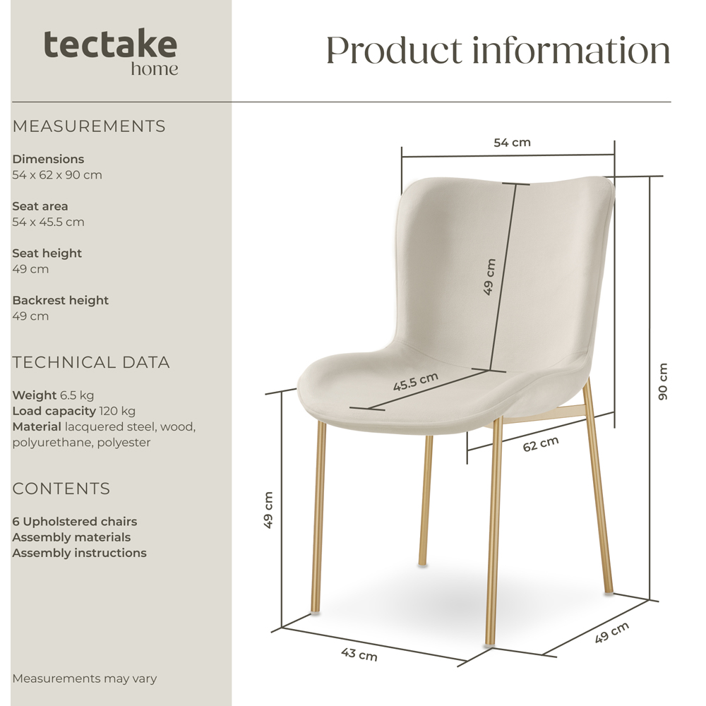 tectake Tessa Set of 6 Beige and Gold Velvet Padded Dining Chair Image 9