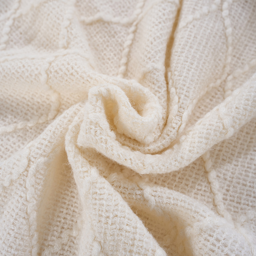 Living and Home Beige Diamond Knit Throw Blanket with Tassels 130 x 170cm Image 3