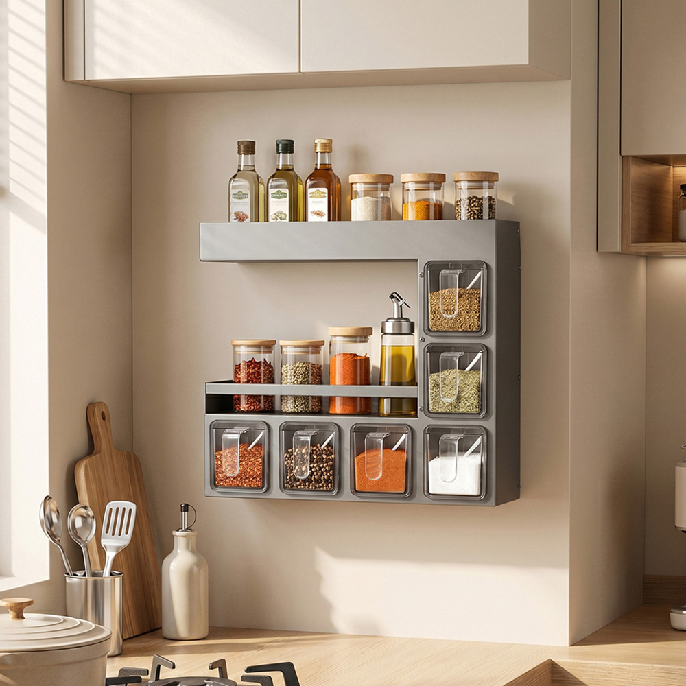 Living and Home 3-Tier Grey Gunmetal Wall Mounted Spice Rack with 6 Spoons Image 2
