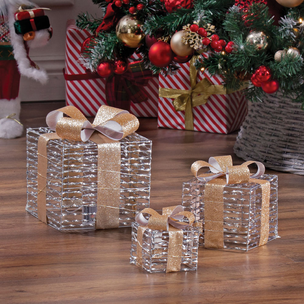 The Christmas Workshop 60 Warm White LED Silver Gift Box Decoration Set of 3 Image 3