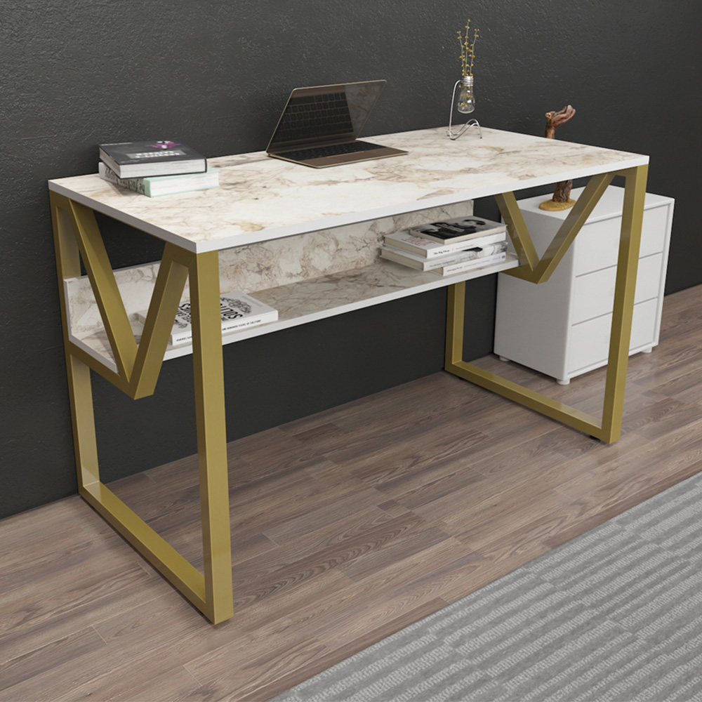 Decorotika Lona Single Shelf Study and Writing Desk White Marble Effect and Gold Image 1