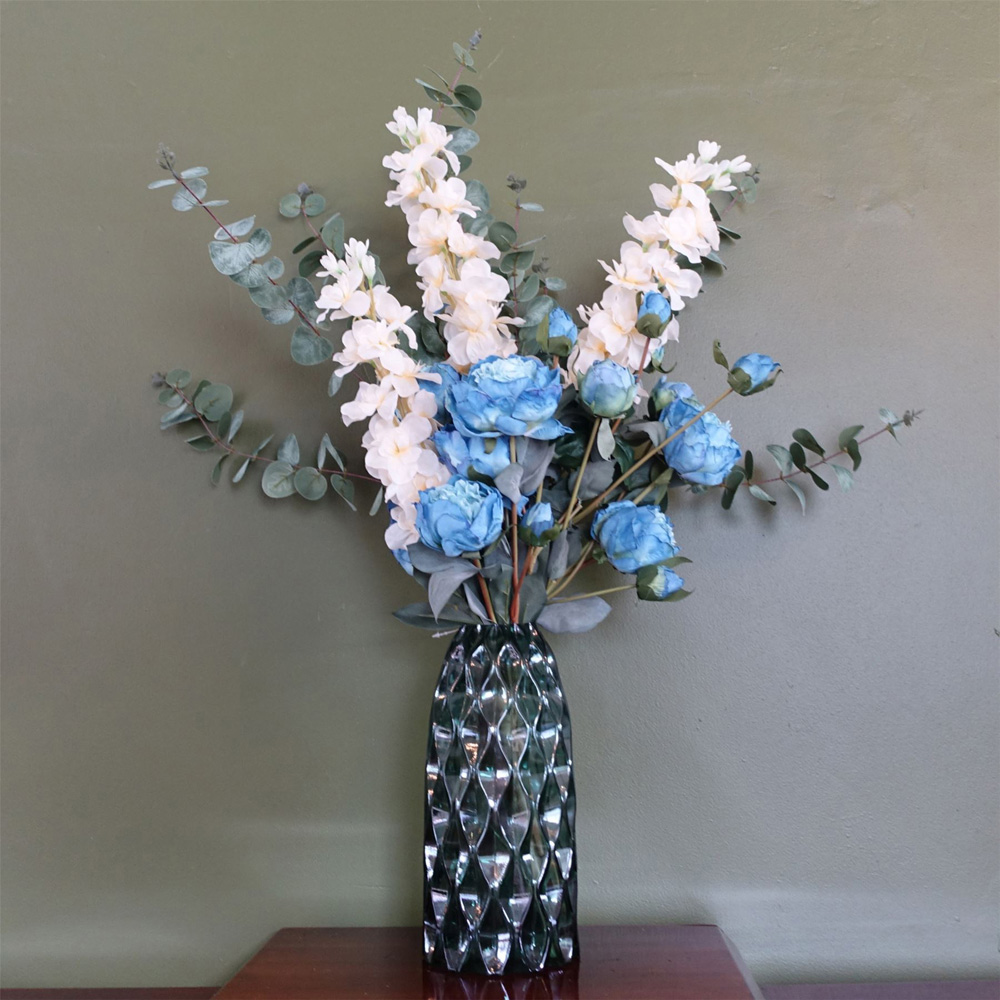 Leaf Blue Peony White Delphinium Eucalyptus Artificial Flower Bundle with Glass Vase 80cm 8 Pack Image 2