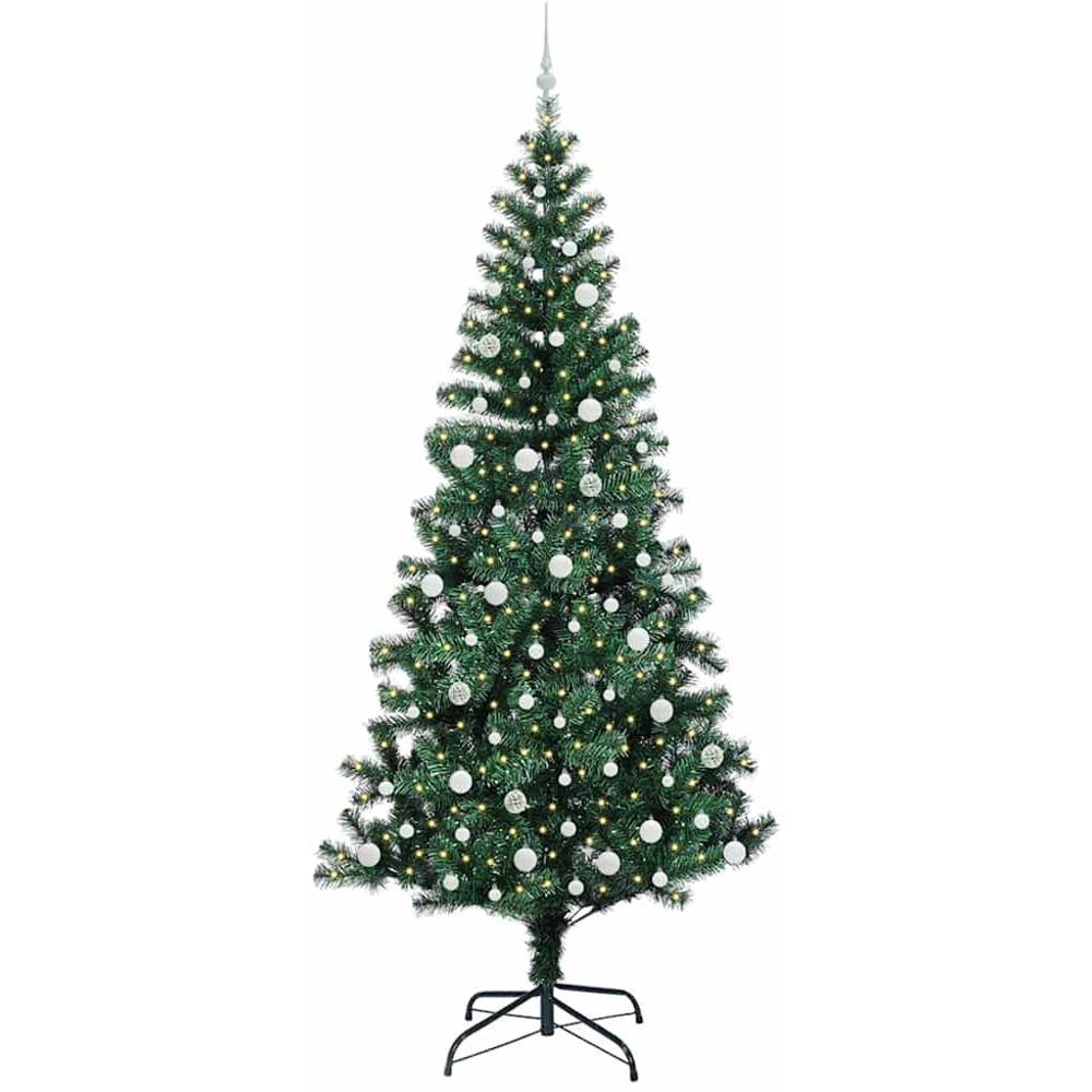 vidaXL Pre-Lit White Baubles Green Artificial Christmas Tree 8ft Image 1