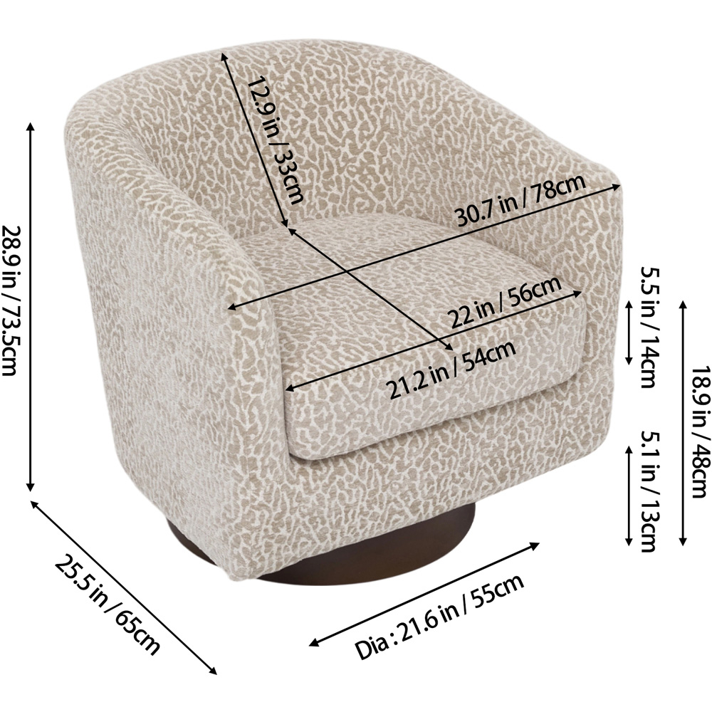 Living and Home Light Brown and White Linen Leopard Print Curved Barrel Swivel Armchair Image 9