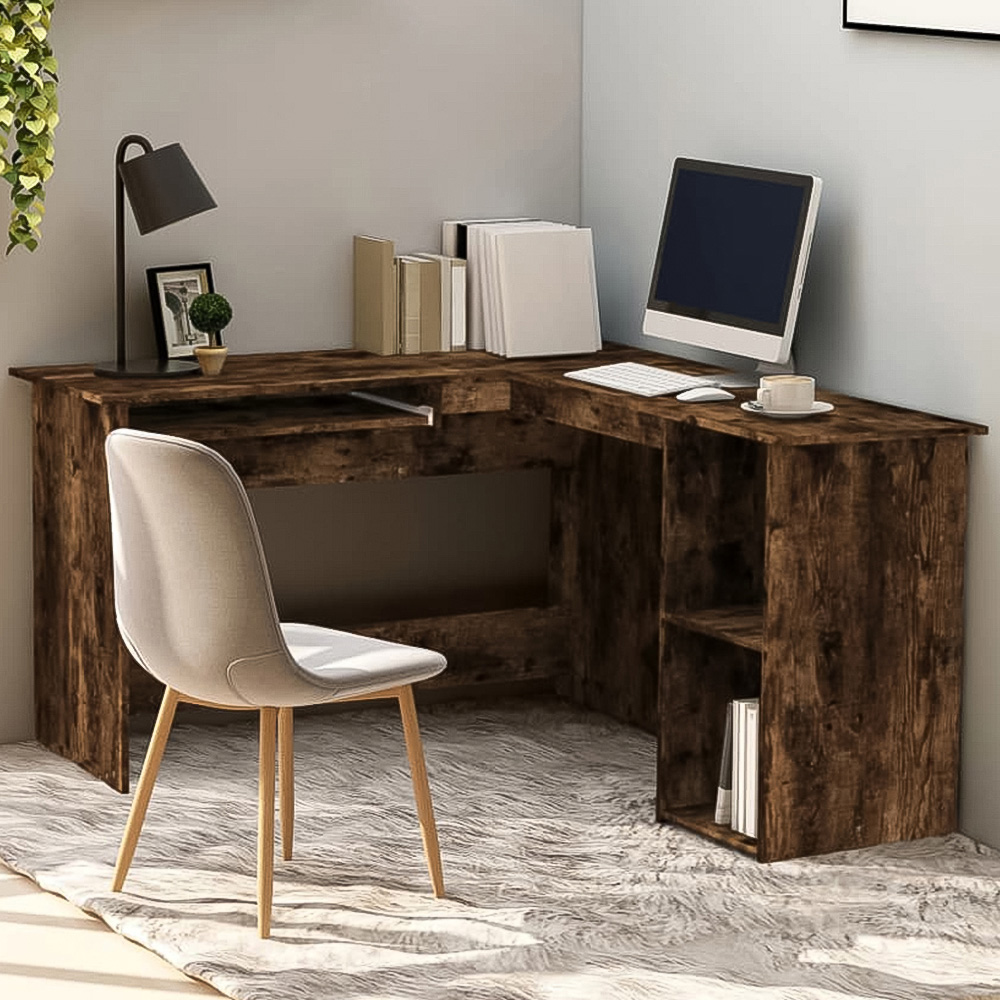 vidaXL 2 Shelf L-Shaped Corner Computer Desk with Keyboard Tray Smoked Oak Image 1
