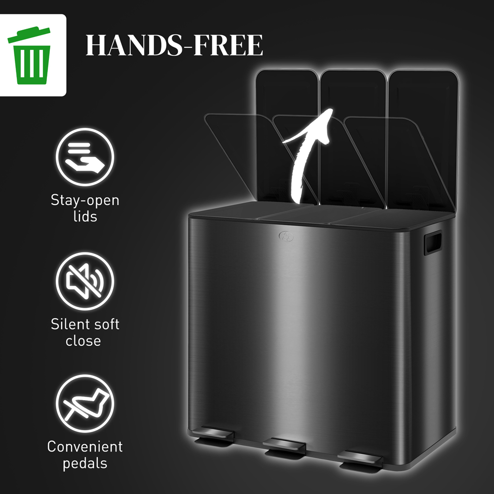 HOMCOM Triple Black Pedal Kitchen Bin 45L Image 6