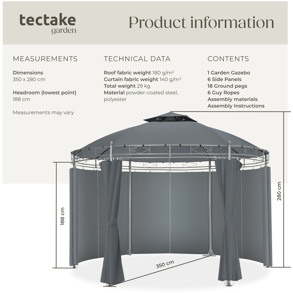 tectake Siana 3.5m Anthracite Double Roof Water-Repellent Round Gazebo with 6 Side Panel Image 9