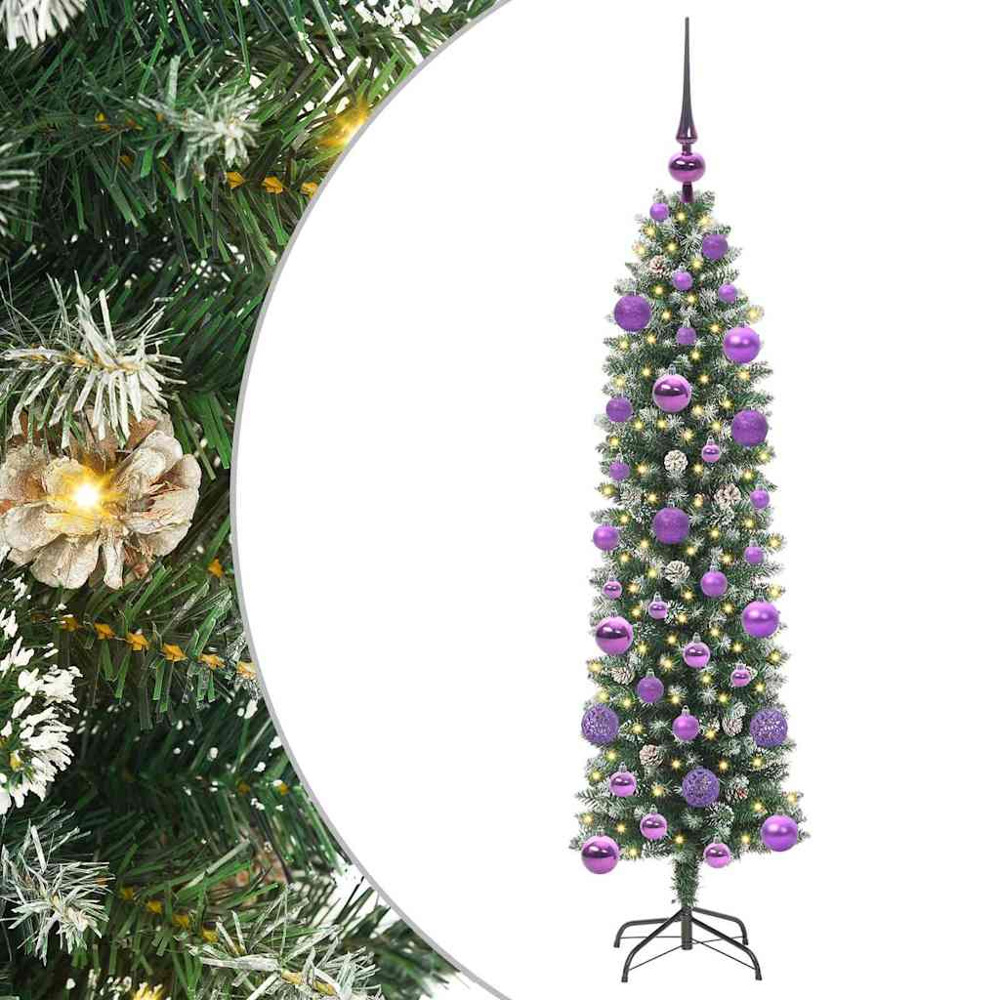 vidaXL Pre-Lit Warm White LED and Lilac Baubles Green Slim Artificial Christmas Tree 4ft Image 7