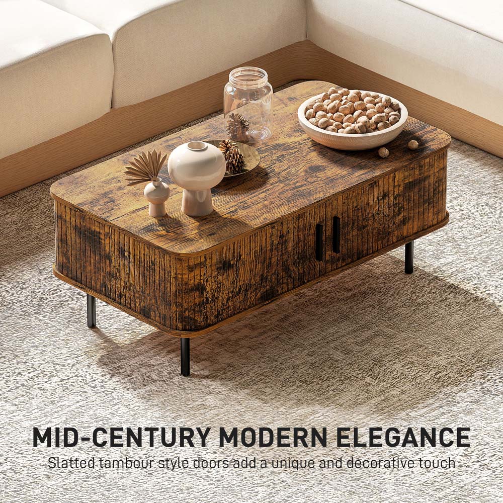 HOMCOM 2 Door Brown Coffee Table with Sliding Doors Image 8