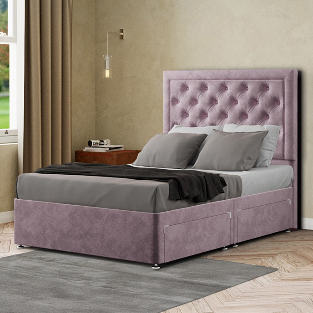 Portland Castle King Size Blush Plush Divan Bed with 2 Drawers and Headboard Image 1